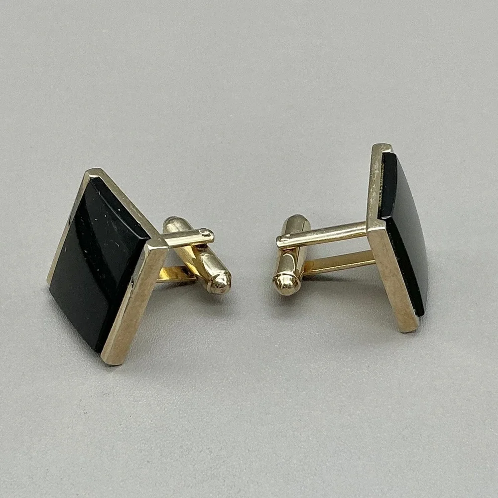 Dante Black Onyx Style Gold Tone Square Cufflinks Vintage Men's Formal Wedding